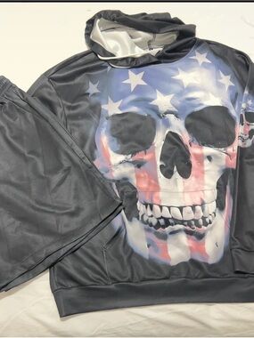 Shorts and hoodie set  Hooded men American Flag Skull Graphic